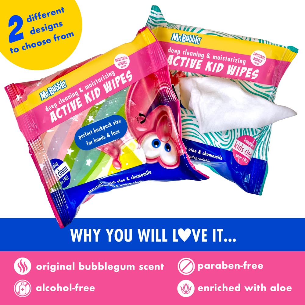 Mr. Bubble Toallitas hidratantes para la cara y las manos para niños - Active Kid Wipes