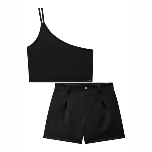 Conjunto Teen Crop Top sin Mangas y Short Negro