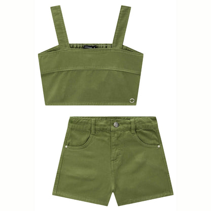 Conjunto de Short y Crop Top de Tiritas y Short Verde Militar