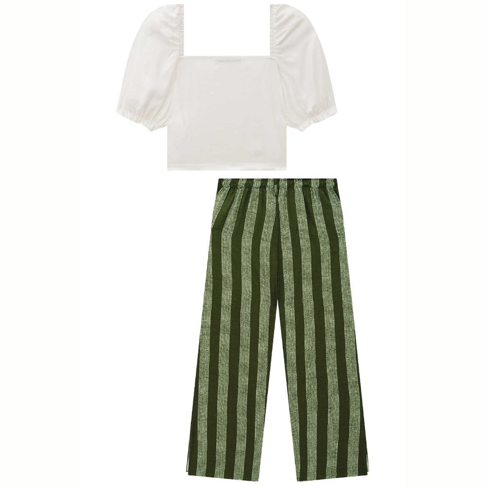 Blusa Teen Crop Blanca con Pantalon Largo de Rallas Verdes