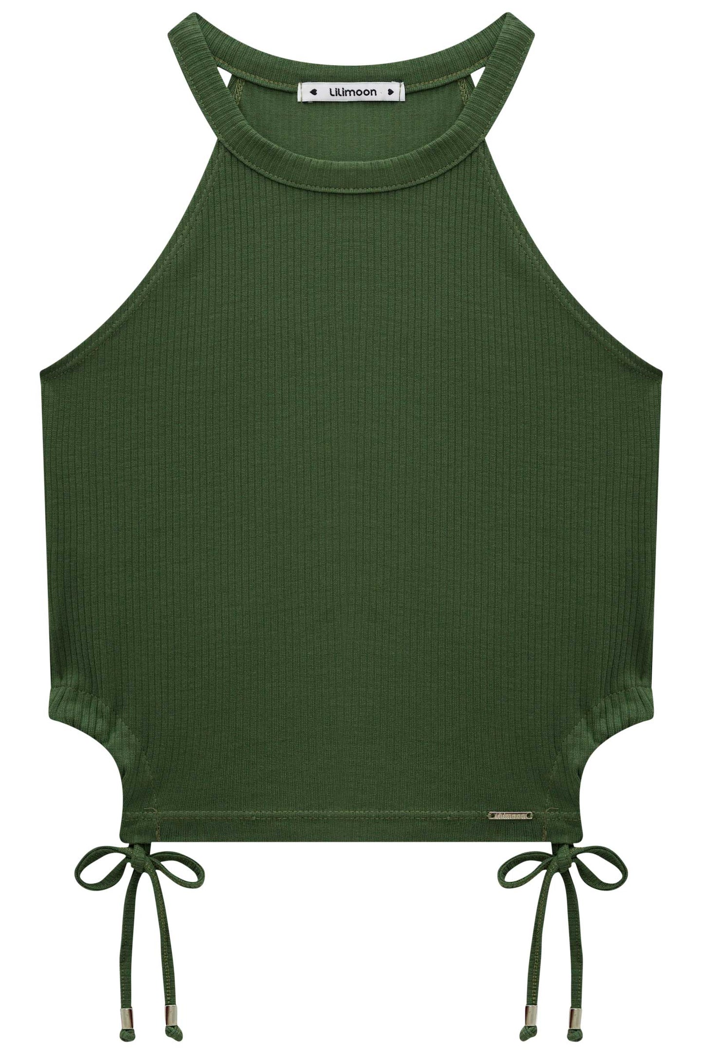 Blusa Crop Halter Sin Mangas Verde Militar con Short Blanco