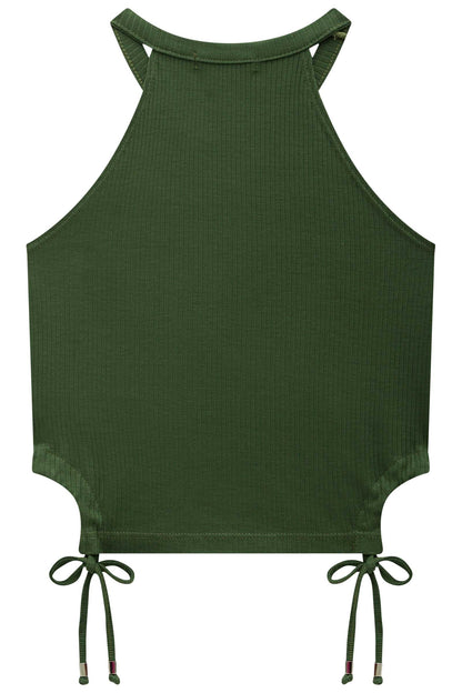 Blusa Crop Halter Sin Mangas Verde Militar con Short Blanco