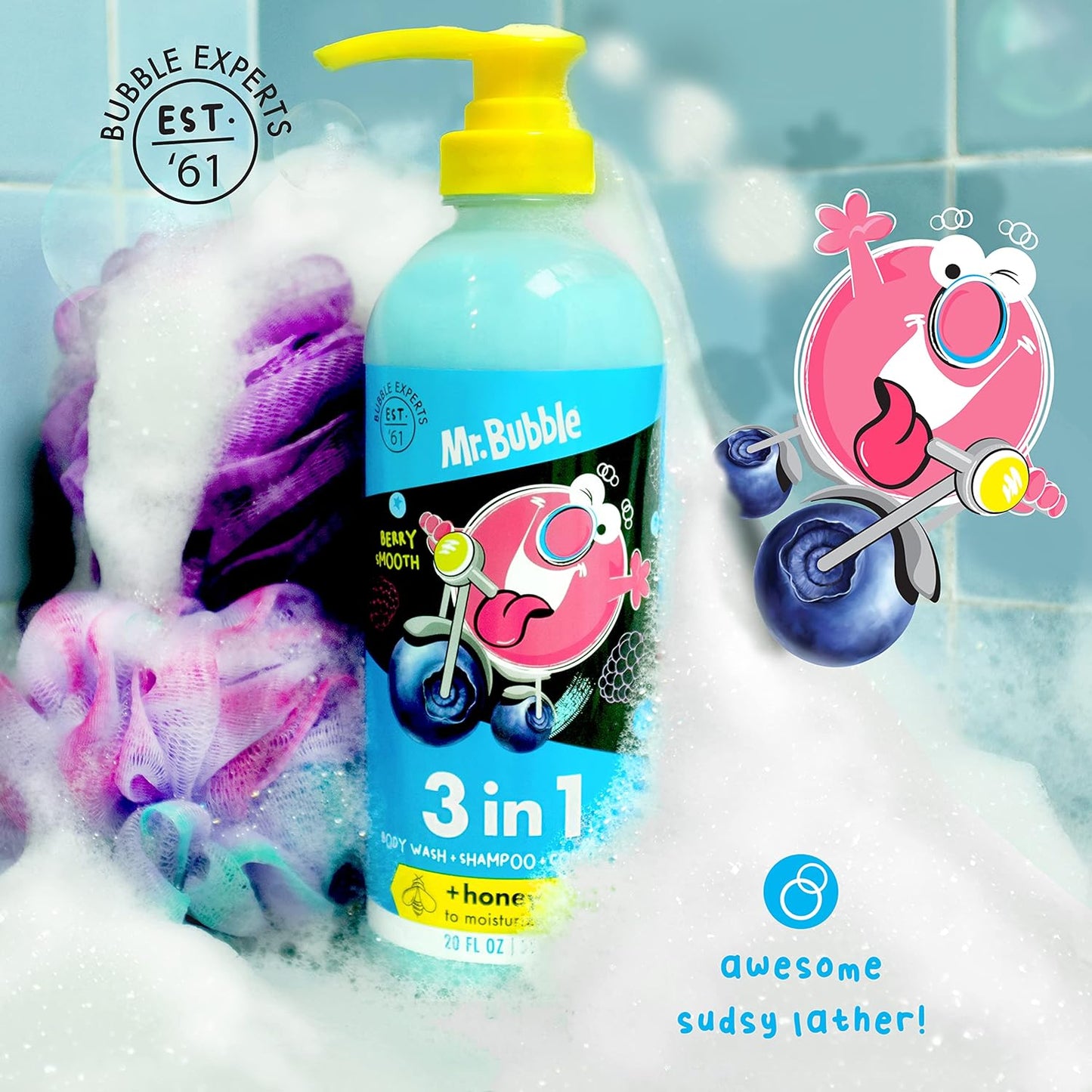 Mr. Bubble Berry Smooth - Gel de baño, champú y acondicionador 3 en 1