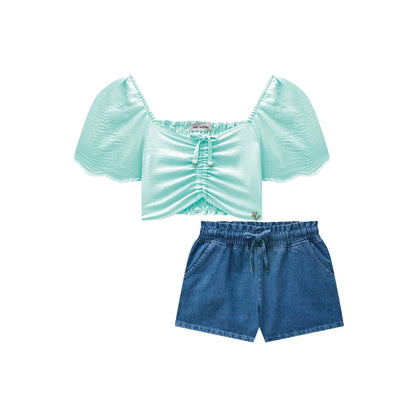 Blusa Manga Corta Verde Mar y Short de Jean