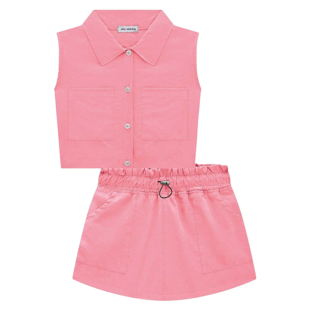 Camisa de Botones con Falda Short Rosado Neon