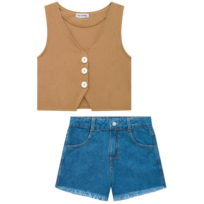 Conjunto de Chaleco Café y Short de Jean