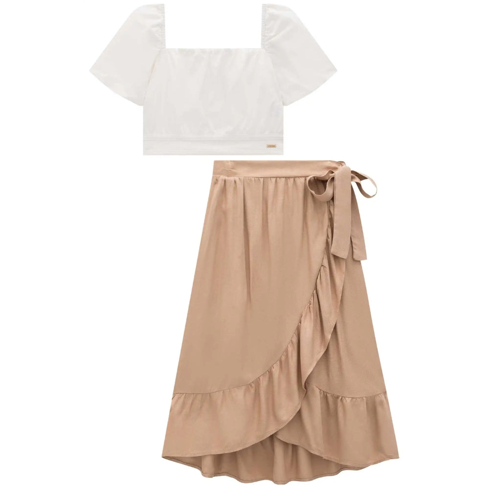 Conjunto de Blusa Manga Corta y Falda Khaki