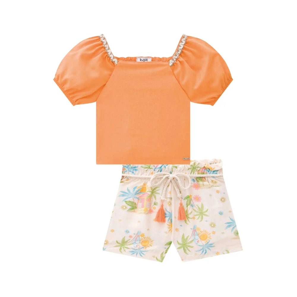 Conjunto de Blusa Naranja con Shorts de Palmeras