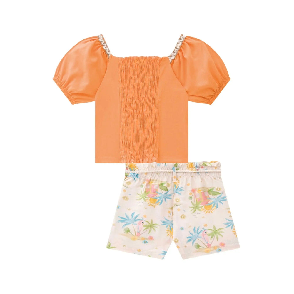 Conjunto de Blusa Naranja con Shorts de Palmeras