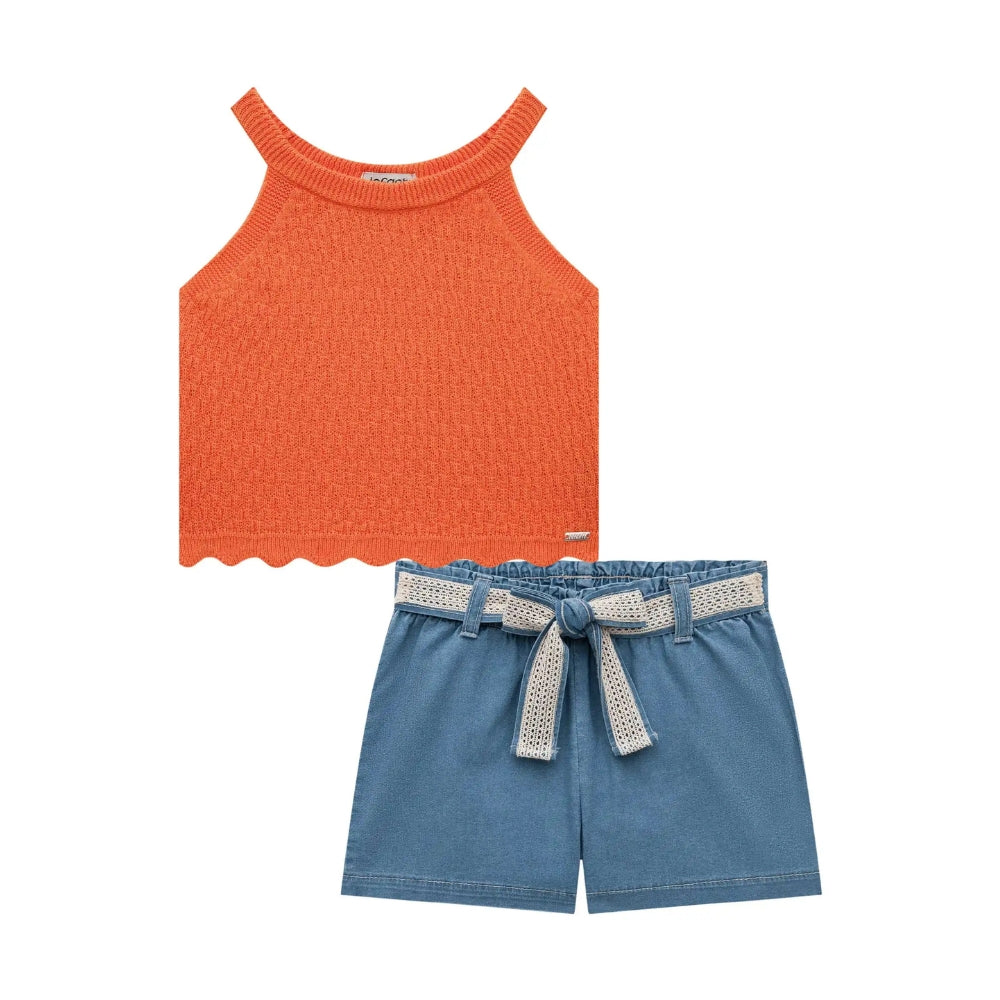 Conjunto de Top Naranja con Shorts de Jean