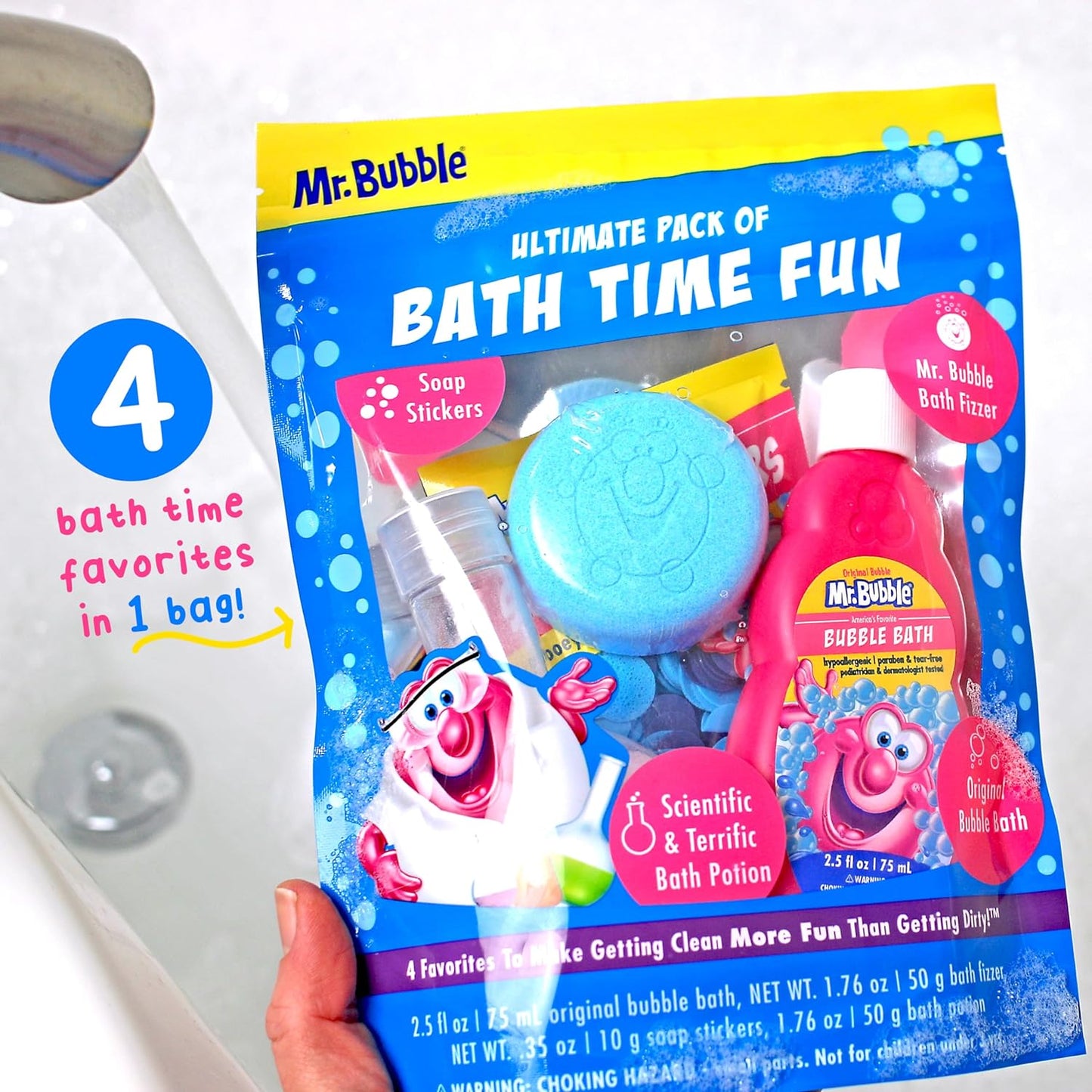 Mr. Bubble Kids Ultimate Pack of Bath Time Fun (Original Bubble Bath 2.5oz, Bath Fizzer 50g, Soap Stickers 10g, Bath Potion 50g), 8 Piece Set