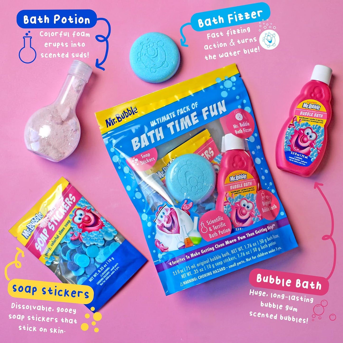 Mr. Bubble Kids Ultimate Pack of Bath Time Fun (Original Bubble Bath 2.5oz, Bath Fizzer 50g, Soap Stickers 10g, Bath Potion 50g), 8 Piece Set