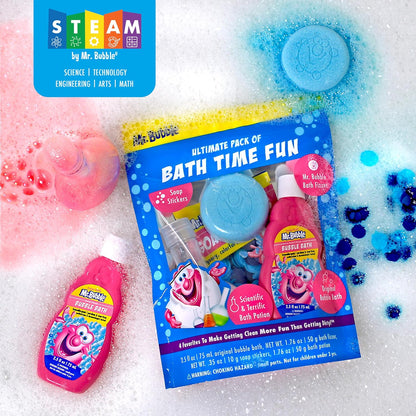 Mr. Bubble Kids Ultimate Pack of Bath Time Fun (Original Bubble Bath 2.5oz, Bath Fizzer 50g, Soap Stickers 10g, Bath Potion 50g), 8 Piece Set