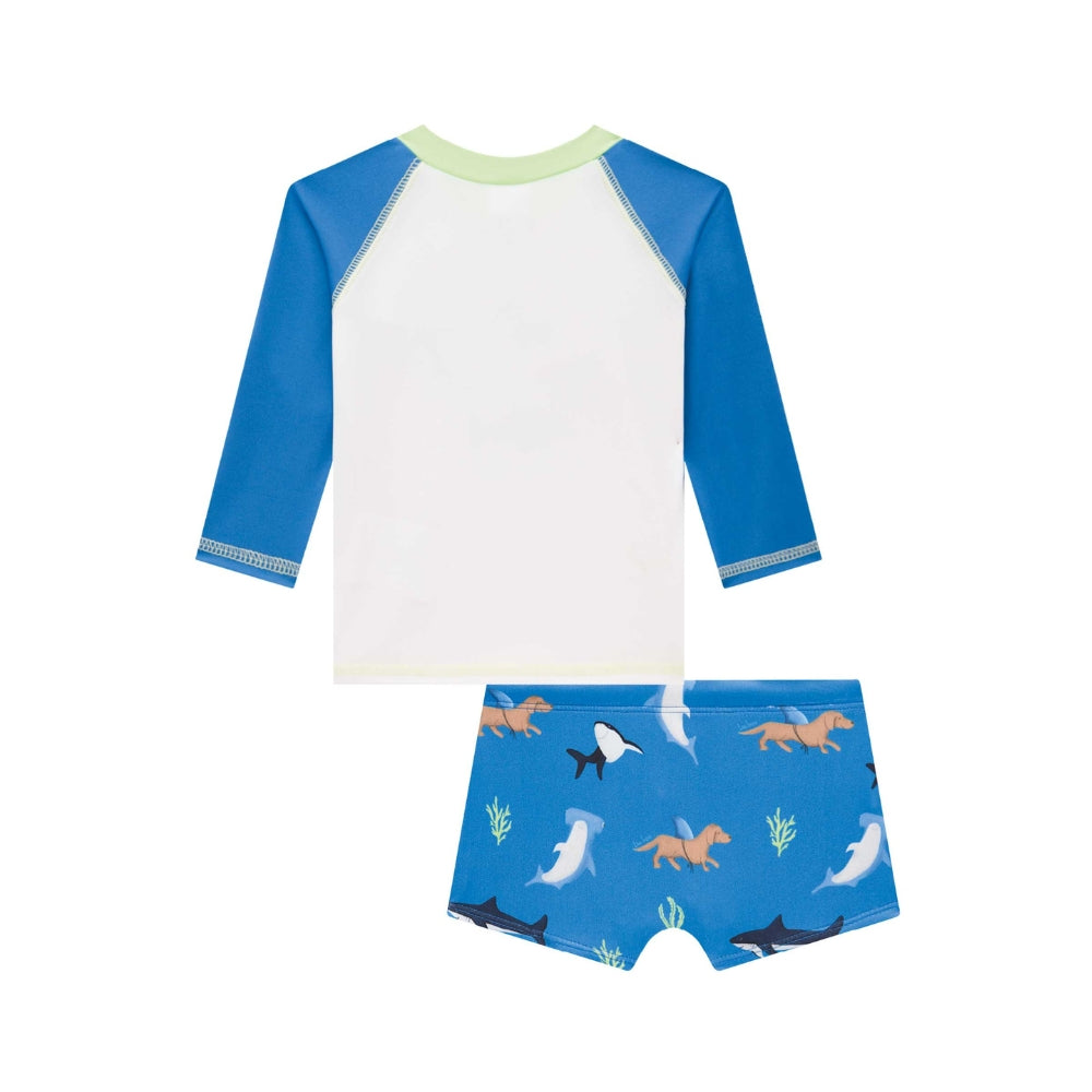 Vestido de Baño de Niño - Shortcito Azul con Rashguard Blanco - Tiburones