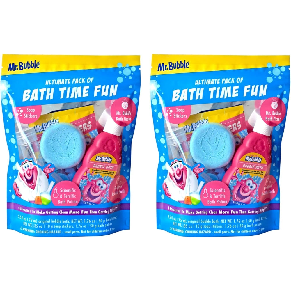 Mr. Bubble Kids Ultimate Pack of Bath Time Fun (Original Bubble Bath 2.5oz, Bath Fizzer 50g, Soap Stickers 10g, Bath Potion 50g), 8 Piece Set