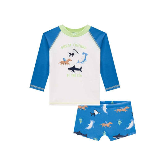 Vestido de Baño de Niño - Shortcito Azul con Rashguard Blanco - Tiburones