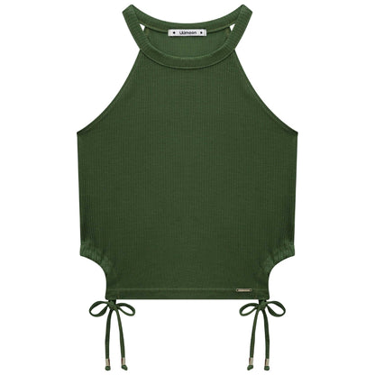 Blusa Crop Halter Sin Mangas Verde Militar con Short Blanco