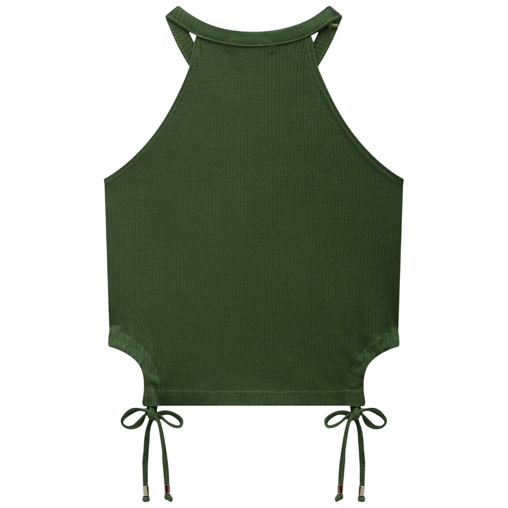 Blusa Crop Halter Sin Mangas Verde Militar con Short Blanco