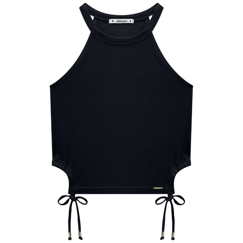 Blusa Crop Halter Sin Mangas Negra con Short Blanco